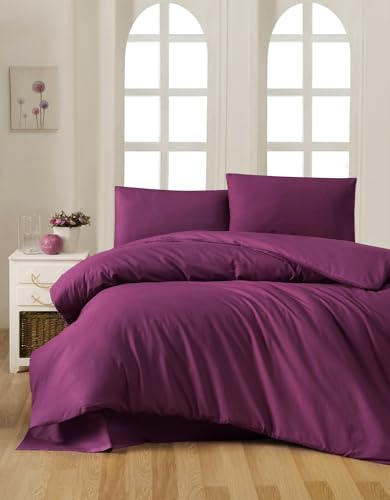 Nuit Des Rêves Elegant Purple Ranforce Double Quilt Cover Set, 200 x 200 cm, 100% Cotton, 155 Thread Count, Includes 2 Pillowcases, Machine Washable, Button Closure