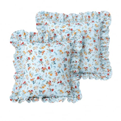 Mywinlle Farmhouse Blue Floral Ruffle Throw Pillow Covers Set of 2,100% Cotton Shabyy Bed Pillowcases Decorative Pillow Shams for Bed,Sofa,Couch-20 x20