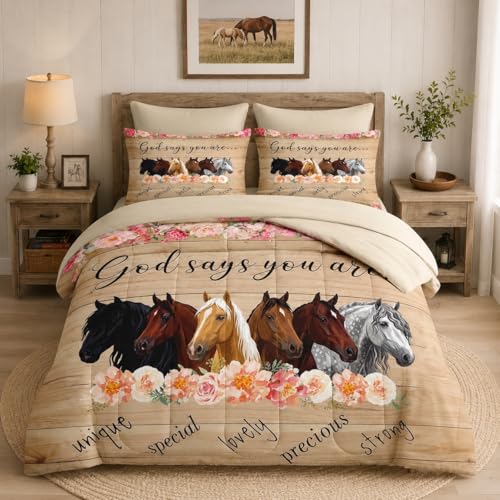 WeCozy 5 Pcs Twin Size Comforter Set with Pillowcase & Sham, Horses Animal Flower Bedding Set for Kids and Adults, Inspirational Thoughts Bed in a Bag with Flat Sheet and Fitted Sheet