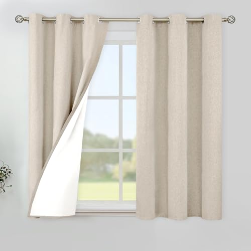 YoungsTex Oatmeal Linen 100% Blackout Curtains 45 Inch Length for Bedroom, Full Room Darkening Thermal Insulated Drapes with Grommet for Kitchen Short Living Room, 2 Panels, 42 X 45 Inch