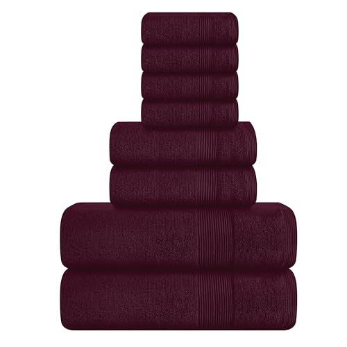 Elvana Home 8 Piece Towel Set 100% Ring Spun Cotton, 2 Bath Towels 27x54, 2 Hand Towels 16x28 and 4 Washcloths 13x13 - Ultra Soft Highly Absorbent Machine Washable Hotel Spa Quality - Burgundy
