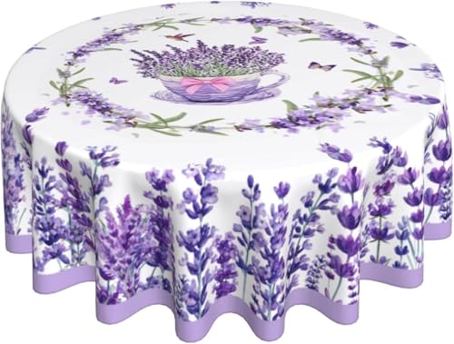 mutakin Lavender Flowers Butterfly Tablecloth Spring Summer Round Table Cover Washable Reusable Decoration Table Cloth for Home Kitchen Party Picnic 60 Inch