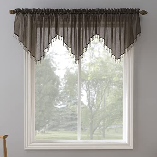 "No. 918 Erica Crushed Voile Ascot Beaded Sheer Rod Pocket Curtain Set, 153"" x 24"", Sable"
