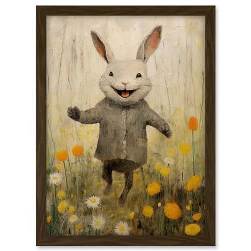 Artery8 Raincoat Rabbit Happy Bunny Flower Meadow Kids Girls Bedroom Nursery Artwork Framed A3 Wall Art Print