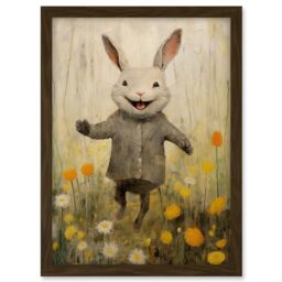 Artery8 Raincoat Rabbit Happy Bunny Flower Meadow Kids Girls Bedroom Nursery Artwork Framed A3 Wall Art Print