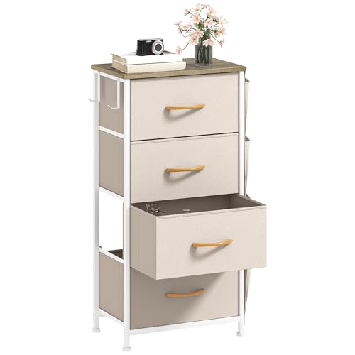 DWVO Narrow Chest of Drawers with 4 Drawers, Fabric Chest Drawers with Side Pocket&Hooks,Easy Pull Handle,Sturdy Steel Frame for Bedroom,Living Room,Beige