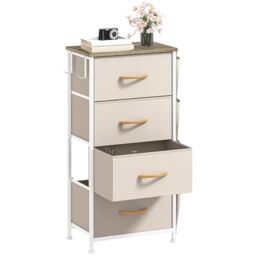 DWVO Narrow Chest of Drawers with 4 Drawers, Fabric Chest Drawers with Side Pocket&Hooks,Easy Pull Handle,Sturdy Steel Frame for Bedroom,Living Room,Beige