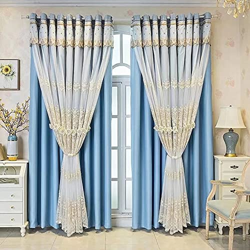 Amidoudou 1 Pair European Double Layer Curtains with Valances for Living Room Bedroom Luxury 3D Flower Embroidered Curtains (Blue,52x90 Inch)