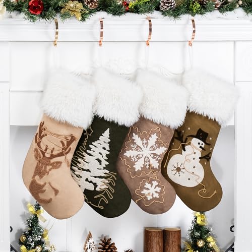 "GEX 2024 Christmas Stockings 4 Pack for Family Soft Suede with Rope Stitch Embroidery Large 20"" Fluffy Faux Fur Rustic Farmhouse Country Stockings for Xmas Fireplace Decoration (Set of 4)"