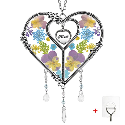 LARAINE Heart Suncatcher with Pressed Flower Wings Mom's Day Love Glass Wind Chime Ornament Charm with Metal Heart Gifts for Mom, Grandma, Aunt, Birthday (Blue)