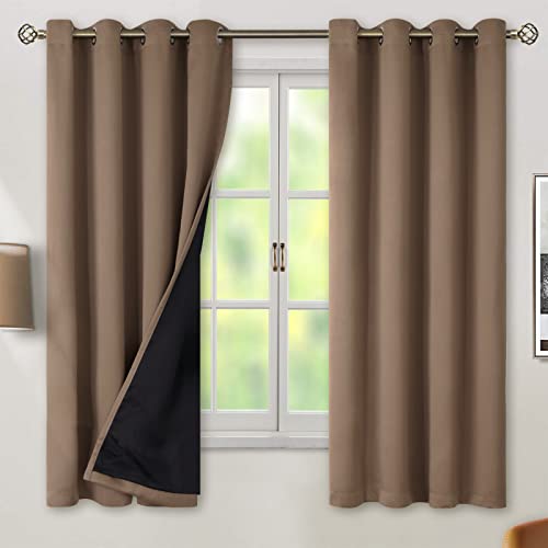 BGment Total Thermal Insulated 100% Blackout Curtains for Bedroom with Black Liner, Double Layer Full Room Darkening Noise Reducing Grommet Curtain (52 x 63 Inch, Taupe, 2 Panels)