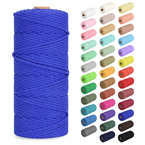 Macrame Cord 3mm x 109Yards (328Feet), Natural Cotton Macrame Rope - 4 Strands Twisted Macrame Cotton Cord for Wall Hanging, Plant Hangers, Crafts, Gift Wrapping and Wedding Decorations, Dark Blue