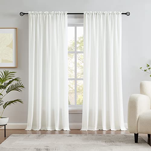 Melodieux Ivory Velvety Semi Sheer Curtains 84 Inches Long for Bedroom, Living Room Natural Cotton Texture Rod Pocket Window Sheer Drapes, 52 by 84 Inch (2 Panels)