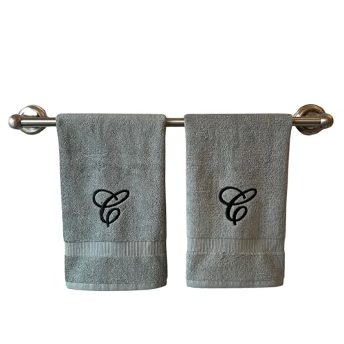 Decorvo Gray Monogrammed Hand Towels for Bathroom - Luxury Hotel Quality Personalized Initial Embroidered Towel for Powder Room, Spa - GOTS Organic Certified - Set of 2 Black Letter C
