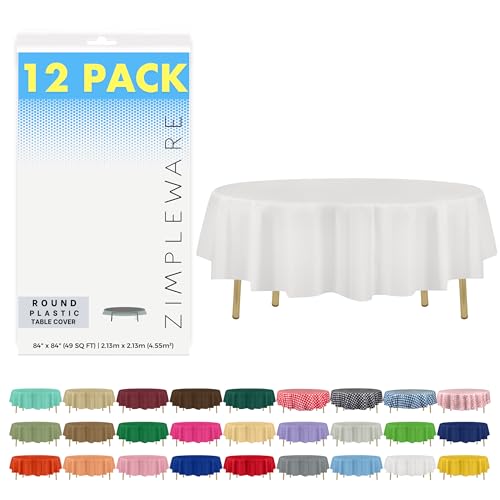 ZIMPLEWARE White 84 Round 12 pack Standard Disposable Plastic Party Tablecloth 84 Inch Round Table Cover By