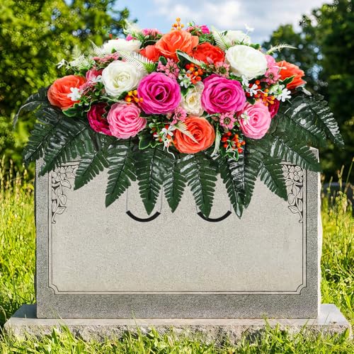 Giegxin Spring Headstone Flower Saddle Cemetery Flowers for Grave Pink White Orange Roses Berries Artificial Memorial Floral Easter Bouquet Arrangement Outdoor Graveyard Decoration for Headstone