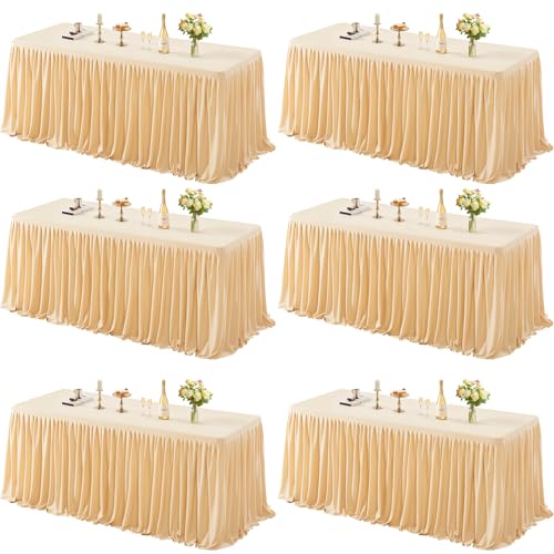 6 Pack Dark Champagne Tablecloths for Rectangle Tables 8ft, Wrinkle Resistant Champagne Table Cover Fitted Stretch Table Cloth with Pleated Ruffle Skirts for Party Banquet Dining Birthday Wedding