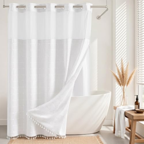 Farmhouse Shower Curtain with Snap-in Liner, No Hooks Needed,Fabric Shower Curtains with Tassels for Rustic Bathroom Decor,with Window,with Magnets,Water Repellent&Machine Washable,White,71x74Inch