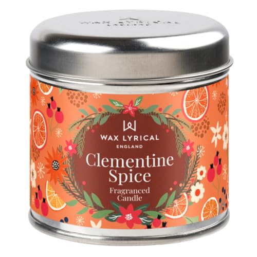 Wax Lyrical Clementine Spice Candle Tin, Up to 35 Hour Burn Time - Bright Citrus and Mandarin Scents, Clove, Nutmeg and Peppercorn, Vanilla and Amber Base