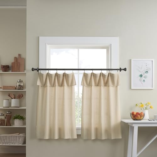 Mercantile Drop Cloth Tier Curtain Panel Pair, Light Filtering Ring & Tab Top with Attached Valance, 36 in Long x 30 in Wide Each Tier Panel, Farmhouse 2 Panel Window Tier Curtains, Linen