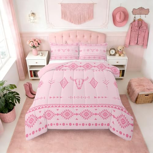 Erosebridal Western Cowboy Comforter Set Twin Size, Bull Skull Bedding Set for Girls Teens Women Room, Boho Aztec Ethnic Horns Quilt, Southwestern Native American Duvet Insert, Pink