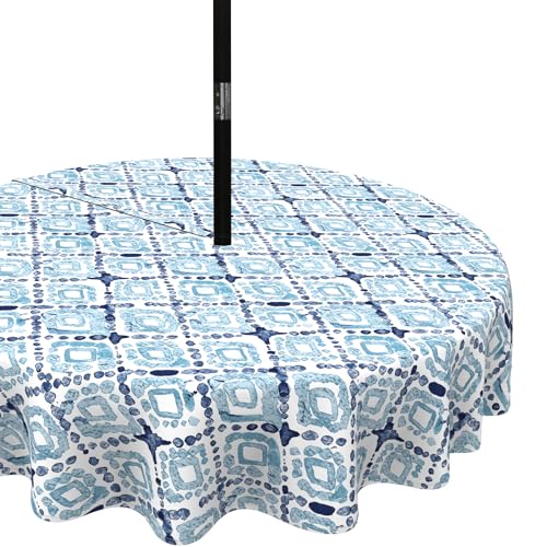 "LVTXIII Outdoor/Indoor Round Tablecloth, Patio Stain Resistant Table Covers with Umbrella Hole Picnic Table Cloth with Zipper for Patio Garden Buffet Table Decoration, 60"", Round, Boho Geometry Blue"