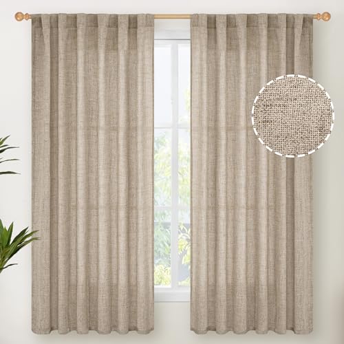 YoungsTex Dark Oatmeal Curtains 63 Inches Long for Living Room Window, Linen Semi Sheer Drapes Light Filtering with Rod Pocket Back Tab for Bedroom Farmhouse Rustic Privacy, 2 Panels, 52 X 63 Inch