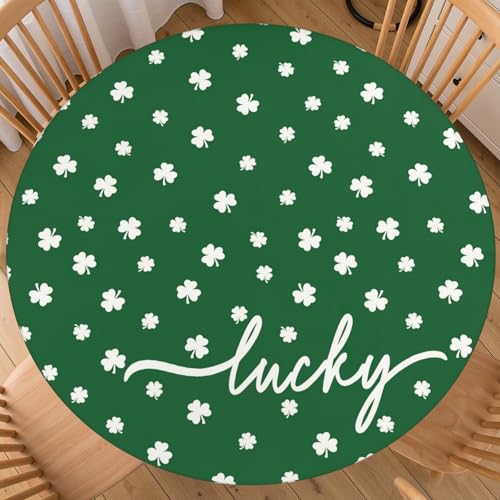 "St. Patricks Day Tablecloth Round Fitted Tablecloth with Elastic Lucky Green Shamrock St. Paddys Themed Holiday Decor Washable Stretch Table Cover Party Picnic Home Kitchen Decor for 44""-48"" Table"