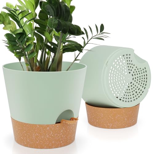YNNICO 10 Inch Set of 2 Plant Pots Indoor Self Watering Planters with Drainage Holes and Saucers.???Green???