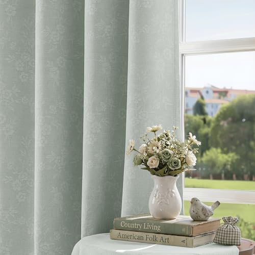 Beauoop Green Floral Jacquard Blackout Curtains 96 Inches Long 2 Panels for Living Room Bedroom Chenille Flower Room Darkening Thermal Insulated Soundproof Grommet Window Drapes, 52x96 Set of 2