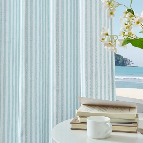 Vangao Linen Striped Curtains for Living Room Bedroom Farmhouse Tickingstripe Light Filtering Window Curtains Printed Drapes Grommet Top 2 Panels Aqua Blue on Off White W55 x L63 Inch
