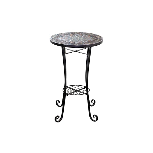 Mosaic Garden Table Outdoor Plant Stand 35cm with Shelf - Metal Ceramic Tile Top - Cairo Round Small Accent Side Table for Balcony, Terrace, Porch, Garden, Patio, Plant Display and Home DΓ©cor