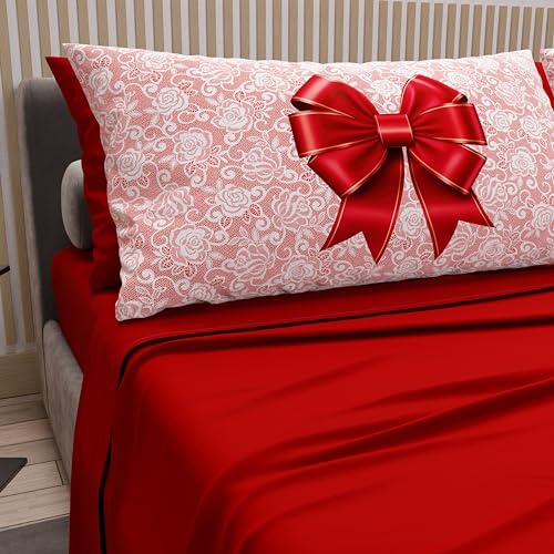 PETTI Artigiani Italiani - Cotton Sheets with Pillowcases in Digital Print, French Queen, Complete Top and Bottom Sheet with Corners, Red, 100% Made in Italy