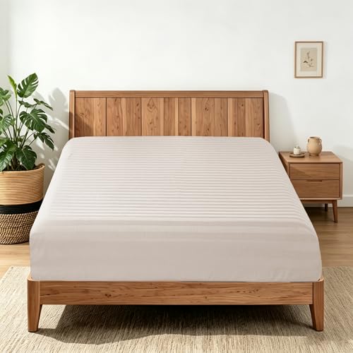 "100% Egyptian Cotton Fitted Sheet Twin Size Only - Ultra Soft 16"" Deep Pocket Bottom Sheet Only, Breathable Comfy, Hotel Quality, Snug-Fit, Striped Light Beige"