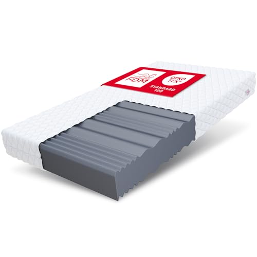FDM Livia Mattress 90 x 200 cm Foam Mattress Hardness H3 16 cm Height Profiled Foam 7-Zone Highly Elastic HR T25 with Wave Cut Polyester