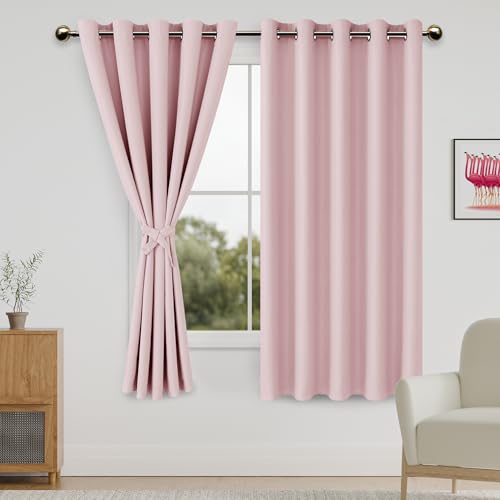 DWCN Blackout Curtains for Bedroom with Tiebacks - Room Darkening Privacy Grommet Top Window Curtains for Living Room, 60 x 63 inch Length,Blush Pink,Set of 2 Panels