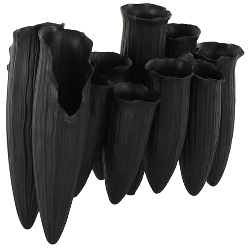 "Deco 79 Ceramic Abstract Decorative Vase Floral Inspired 10 Openings Centerpiece Vase with Linear Grooves, Flower Vase for Home Decoration 13"" x 5"" x 11"", Black"