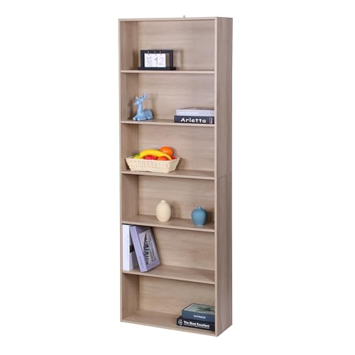 Relaxdays Bookcase with 6 Adjustable Compartments, Freestanding Oak Living-Room Shelf, 178.5 x 60 x 24 cm