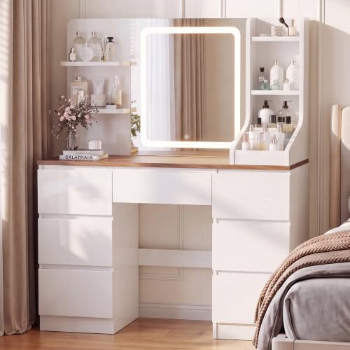 JUMMICO Dressing Table with LED Mirror,Adjustable Brightness (Brown)