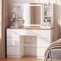 JUMMICO Dressing Table with LED Mirror,Adjustable Brightness (Brown)
