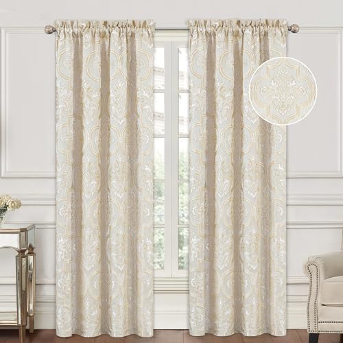 Loom and Mill Elegant Damask Curtains for Bedroom, Textured Lined Jacquard Curtains 2 Panels with Tiebacks, Beige Gold Floral Window Curtain for Living Room Banquet, Rod Pocket(52???x84???, 2 Panels)