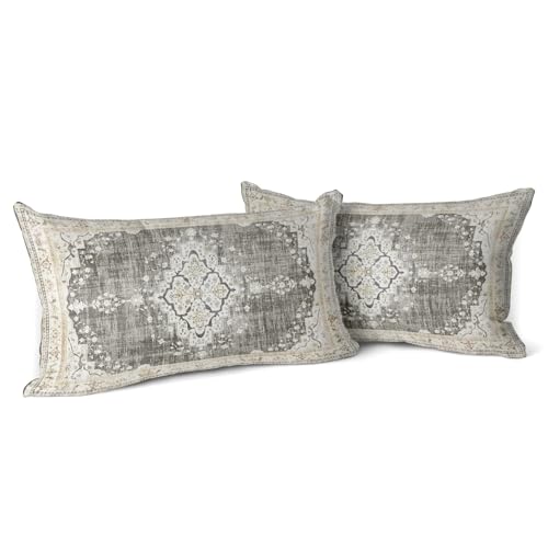 Snycler Boho Throw Pillow Covers 12x20 inch Set of 2 Bohemian Carpet Throw Pillows for Couch Beige&Grey Decorative Pillow Cases Farmhouse Home Decor for Sofa Porch Patio Bed Room Outdoor