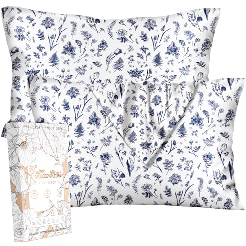 Miss Adola 2 Pack Mulberry Silk Pillowcase for Hair and Skin - King Size 20 x 36 Inches with Hidden Zipper Blue Line Flower 19 Momme Soft Sleeping Silk Pillow Case for Women, Moms