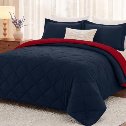 "downluxe Queen Comforter Set - Red and Navy Queen Comforter, Soft Bedding Sets for All Seasons -3 Pieces - 1 Comforter (88""x92"") and 2 Pillow Shams(20""x26"")"