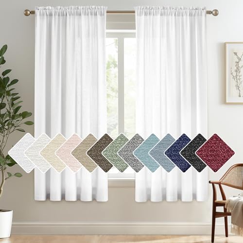 "Melodieux White Semi Sheer Curtains 54 Inches Long, Bedroom Short Sheer Curtains, Faux Linen Farmhouse Light Filtering Rod Pocket Shiny Sheer Drapes Home Office, 52"" W x 54"" L, 2 Panels"