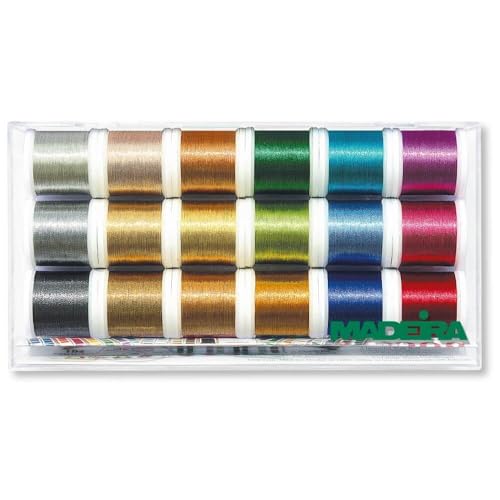 Madeira Metallic 40 Smooth Embroidery Thread Set ??? Clear Box 18 x 200m Metallic Embroidery & Sewing Threads, Polyester Core Smooth Machine Thread Kit, Multi Colour Decorative Craft Threads