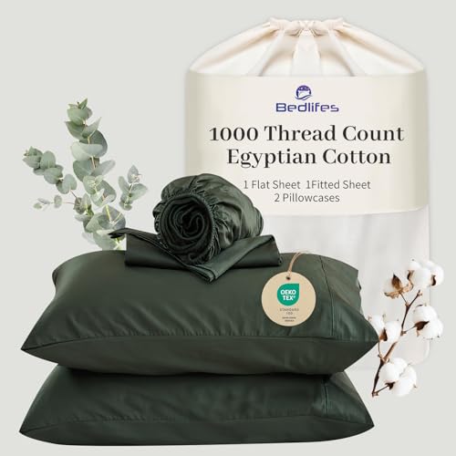 "Bedlifes Egyptian Cotton Sheets 1000 Thread Count King Size, 4-Piece 16"" Deep Pocket - Cooling & Breathable Ultra Soft Bedding for Hotel Comfort (Forest Green)"