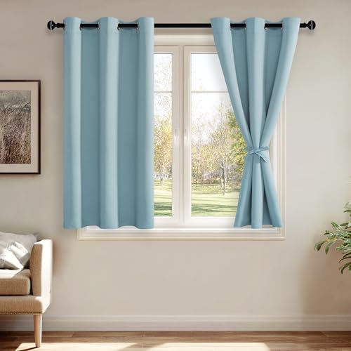 JIUZHEN Light Blue Blackout Curtains with Tiebacks Thermal Insulated, Light Blocking and Noise Reducing Grommet Curtains for and Living Room, Set of 2 Window Curtain Panels, 42 x 45 Inch Length