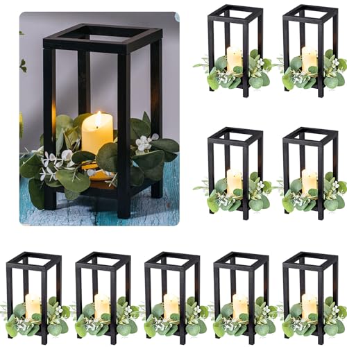 Geelin 10 Pcs Wooden Candle Lantern Wedding Lantern Centerpiece Lantern Candle Holder for Table Fireplace Lantern Decorative Farmhouse Wedding Lantern for Baby Shower(10.59 in,Black)