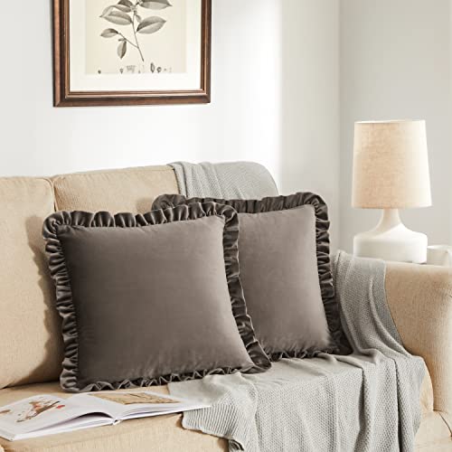 GIGIZAZA Brown Decorative Throw Pillow Covers, 16x16 Velvet Ruffle Cushion Pillow Covers for Sofa Couch Set of 2